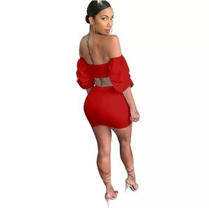 Red Off Shoulder W/Skirt Two Piece